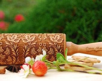 Strawberry Embossing rolling pin Embossed dough roller Easter baking gift Springerle mold Gravierter Nudelholz Textured biscuit Cookie stamp