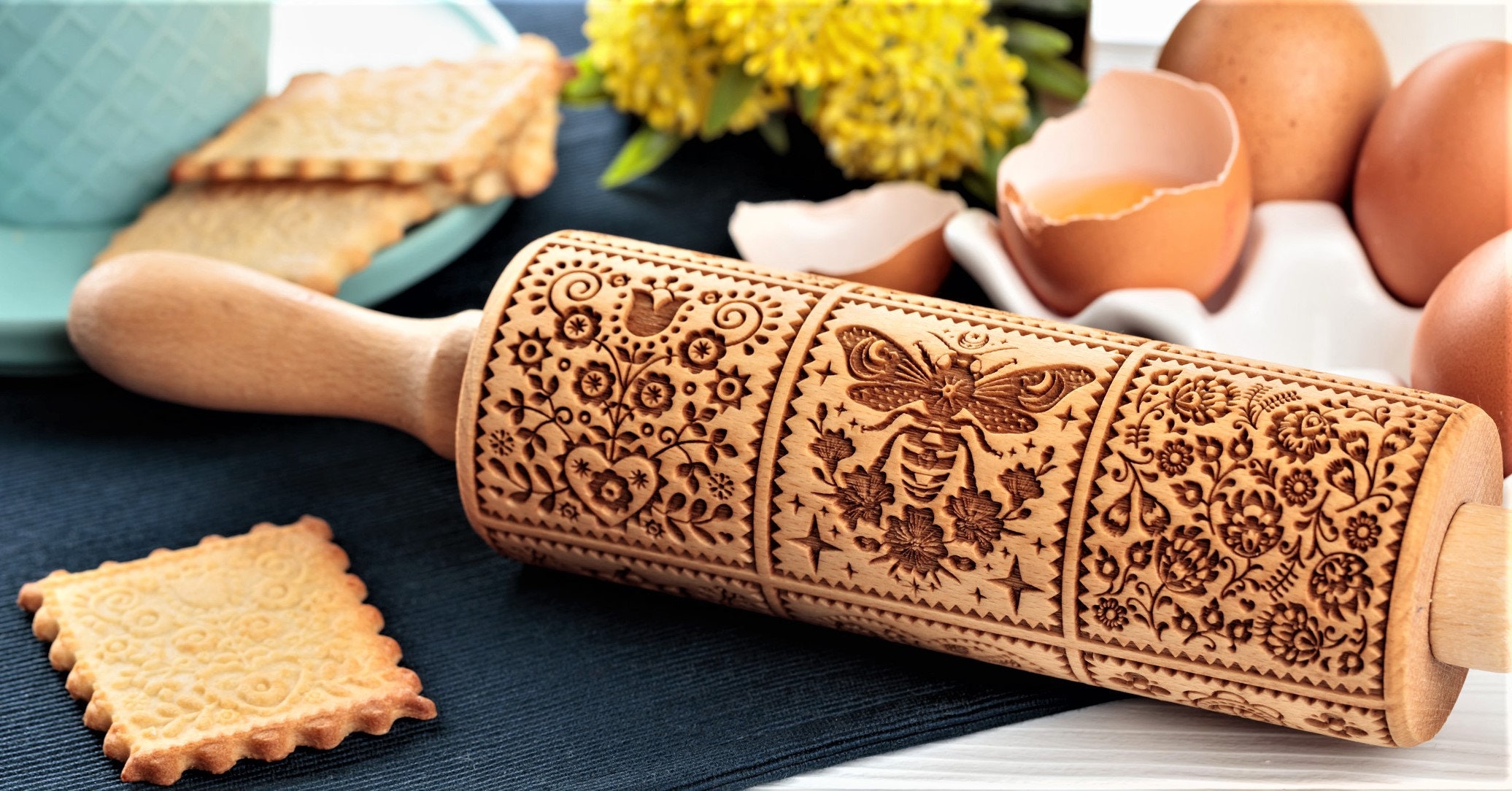 Buy Folk Embossed Rolling Pin Textured Cookies Springerle Rolling Pin Gift  for Her Cookie Stamp Baking Mold Fondant Patterned Roller Gingerbread  Online in India 
