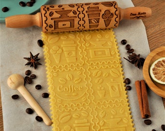 Coffee lovers gift Springerle cookie mold Engraved Rolling pin Embossed Rolling pin Cookie Rolling pin Biscuits Gingerbread Clay embosser