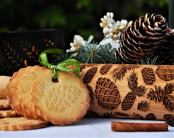 Cedar cones Embossed rolling pin Pine cone Embossing roller Carved Springerle mold Cookie cutters Christmas cookies Textured Gingerbread