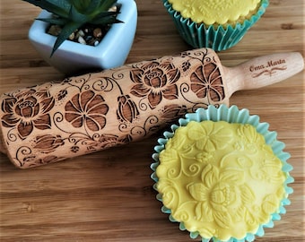 Monstera springerle cookie mold Embossed dough roller LOTUS Embossed rolling pin Gift for her Cookie stamp Clay stamp Pottery Wooden cutter