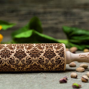 Damask Engraved Rolling pin MOTHER&#39;S DAY GIFT Damask cookie stamp Embossing Rolling pin Carved Rolling pin Textured rolling pin Embossed