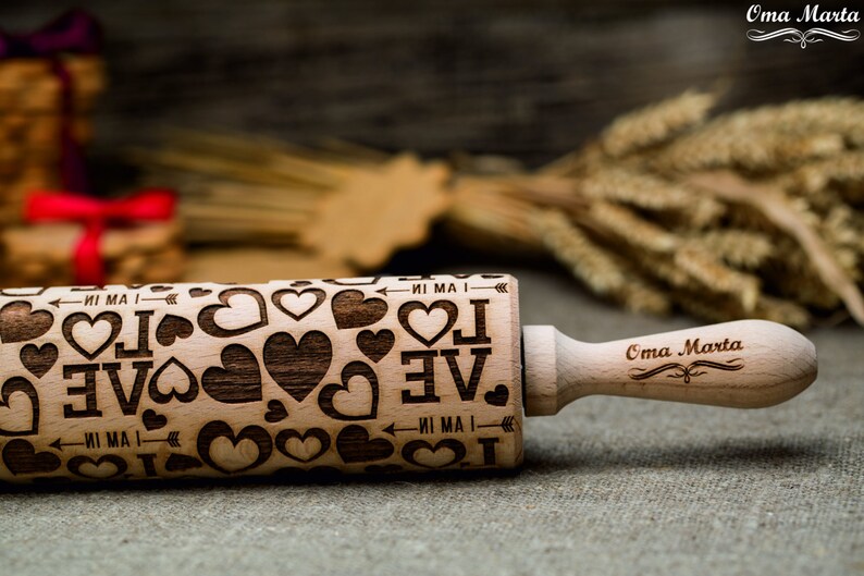 Hearts engraved rolling pin Embossing rolling pin Mom day gift Etsy