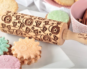 Springerle Rolling pin Tea cup and Teapot Embossed Rolling pin Gifts for her Springerle mold Clay Embossing rolling pin Mothers Day Cookie