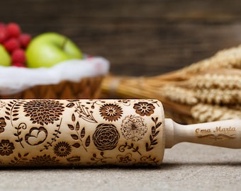 Dandelion Embossed Rolling pin Pottery Clay stamp Engraved rolling pin Springerle cookie mold Textured rolling pin Patterned roller Pastry