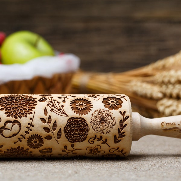 Dandelion Embossed Rolling pin Pottery Clay stamp Engraved rolling pin Springerle cookie mold Textured rolling pin Patterned roller Pastry