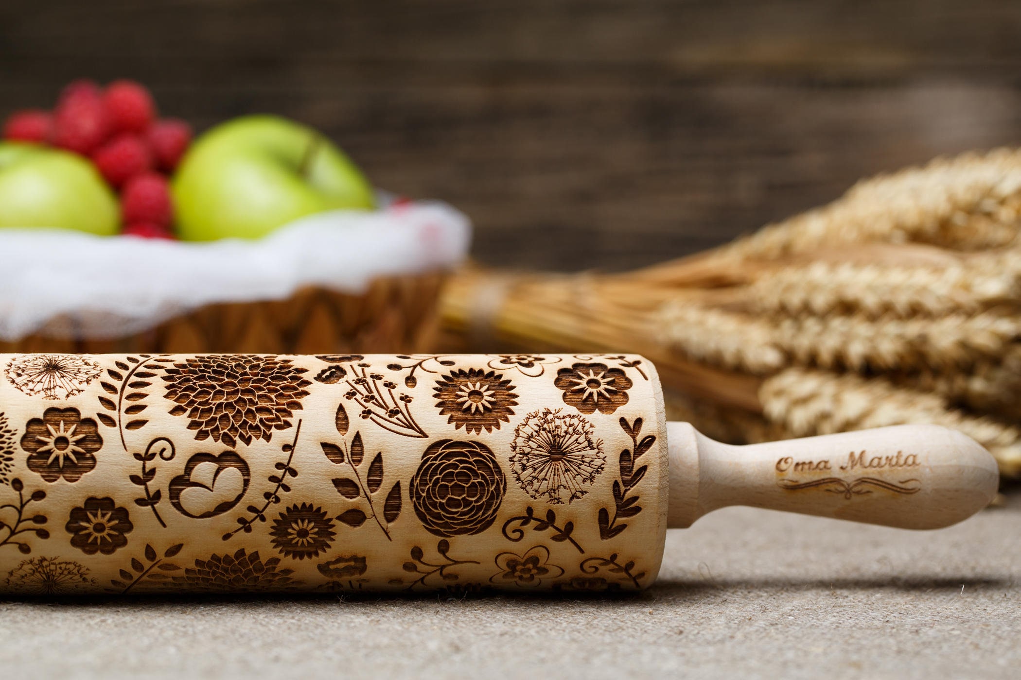 Dandelion Embossed Rolling pin Pottery Clay stamp Engraved rolling pin Springerle cookie mold Textured rolling pin Patterned roller Pastry