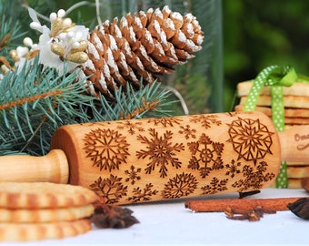 SNOWFLAKES Carve Rolling pin, Christmas Rolling pin for cookies, CHRISTMAS baking gift, Wooden cookie mold, Wooden cookie press, Xmas gifts