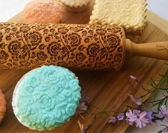 Spring Peonies pattern Mothers day gift Mom GIFT Embossed rolling pin Cookie press Springerle Carved mold Pottery Stamp Embosser Baking gift