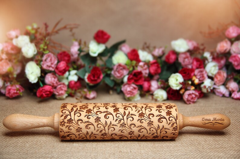 Flowers Engraved Rolling Pin Embossed Rolling Rolling Pin Gift Etsy
