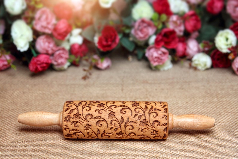 Flower Engraved Carved Rolling Pin Flowers Embossed Rolling Etsy