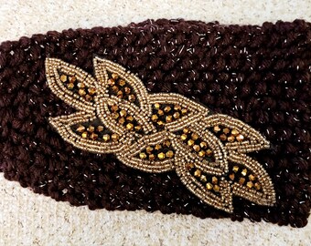 Large brown and gold blinged knitted headband