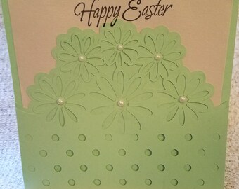 Happy Easter card, 6" x 6" green and cream colored card, greeting cards, Easter card, day card with pearls