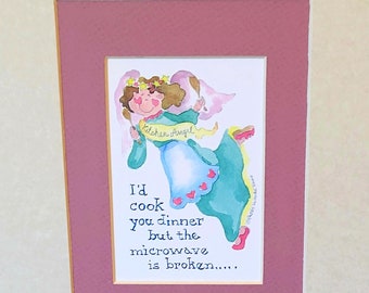 Kitchen angel gift, Mixmedia callagraphy scriped, frame ready kitchen angel, scriped prints, hand cut double matted scriped art