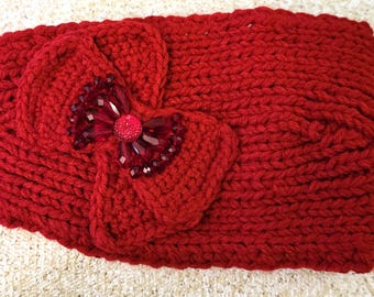 Red large knitted headband with blinged bow