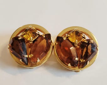 Vintage Gold-toned clip-on amber& topaz colored stones earrings