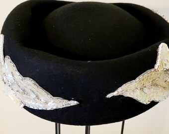 Black vintage Mr. John pillbox hat, with beaded applique