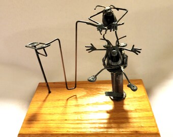 Metal flea figurine, vintage handcrafted, flea metal sculpture, metal sculpture, with wooden base.