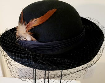 Black Vintage feathered fedora hat