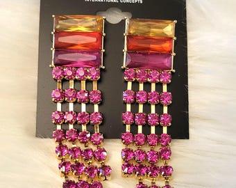 Pink gold-tone crystal fringe statement earrings