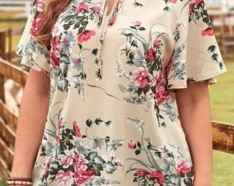 3x Flutter sleeves floral blouse, with front tie