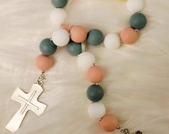 Pastel Prayer Beads with Cross Charm – Boho Religious Jewelry