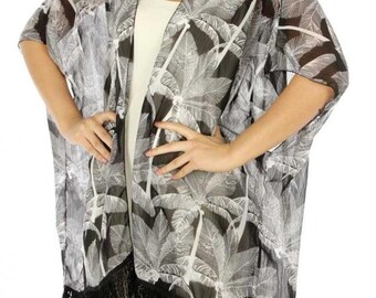 Leaf print kimono with fringes L-XL