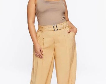 Size 3x Belted tan color wide- leg dress pants