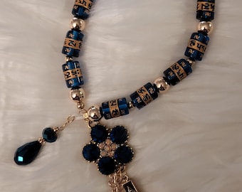 Handcrafted Blue Gold Prayer Beads with Charms
