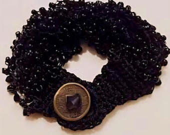 Vintsge Black knitted bead bracelet with coin button