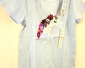 Girl's blue tee with multi color sequin unicorn. Size 10/12