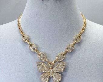 Large bling butterfly necklace and earring set. 16" long with 3" extender.