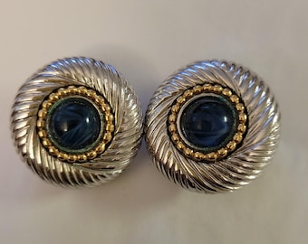 Vintage two tone silver clip-on earrings, with faux blue lapis stone