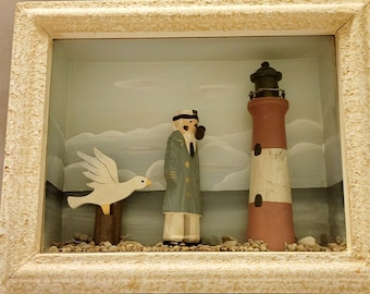 Vintage lighthouse seascape shadowbox. lighthouse shadowbox, nautical shadowbox