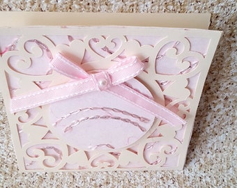 Pink all occasion greeting card, mother's day card, birthday card with ribbon and pearl, card for daughter, card for sister