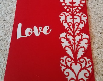 I love  you card, handmade love you card, large red and white love you card, heart design i love you card