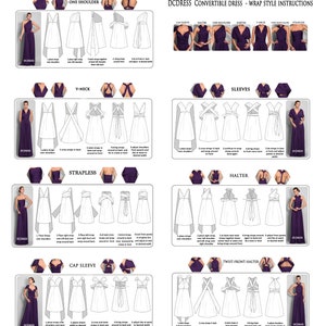 May include: Diagrams and photos illustrate the DCDRESS convertible dress, showcasing various wrap styles. The images display how to wear the dress as one-shoulder, V-neck, strapless, halter, cap sleeve, and twist-front-halter designs. The dress is a deep purple color.