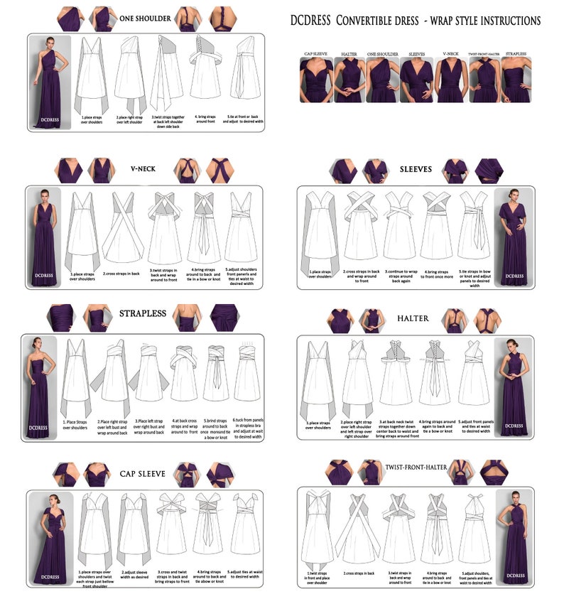 Puede incluir: Diagramas que ilustran varios estilos de envoltura para un vestido convertible. La imagen muestra diferentes configuraciones de escote y tirantes, incluyendo opciones de un solo hombro, cuello en V, halter y sin tirantes. Cada estilo va acompa&ntilde;ado de instrucciones paso a paso.