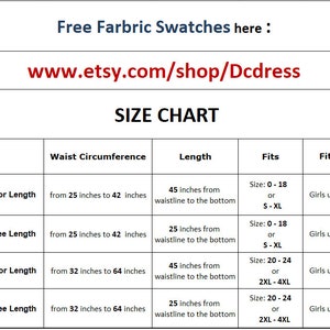 May include: Size chart for girls' dresses with measurements in inches. The chart shows waist circumference, length, and size ranges. It also includes a note about the height of the girls the dresses fit.