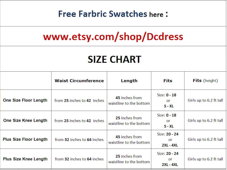 May include: Size chart for girls' dresses with measurements in inches. The chart shows waist circumference, length, and size ranges. It also includes a note about the height of the girls the dresses fit.