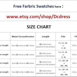 May include: Size chart with measurements for dresses, including waist circumference in inches, length from waistline, and fits. The chart also includes the Etsy shop's URL: www.etsy.com/shop/Dcdress.