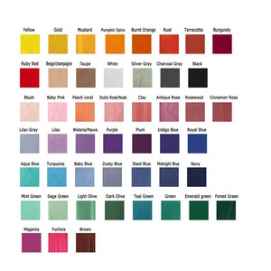 May include: A color chart displaying a variety of fabric swatches. The chart includes a wide range of colors, from yellow and gold to burgundy and black. Each color is labeled with its name, such as "Mustard," "Baby Pink," and "Teal Green."