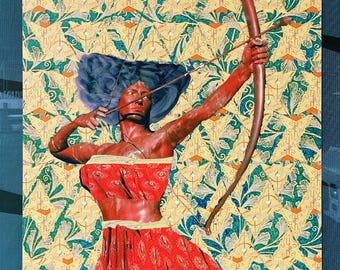 May include: A collage artwork featuring a figure with blue hair and red skin holding a brown bow and arrow. The figure wears a red patterned top and skirt. The background consists of a repeating yellow and green botanical leaf pattern.