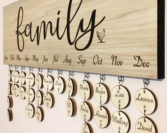 Custom Family Birthday Calendar with Names and Days, wedding anniversary hearts, woodburning, wall hanging, pyrography, custom name days
