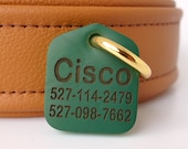 Leather Dog ID Tag Green Personalized Dog Tag laser Engraved Name and Phone Number No Jingle Pet ID Tag Gold or Silver Hardware
