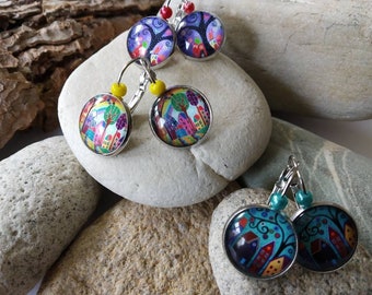 colorful peacock feathers,55 mm maxi,cabochon 12mm glass,earring,pearls,French touch,woman,bronze star long earrings