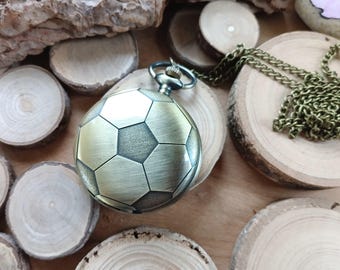 Montre vintage ballon de foot,cadeau mixte,à gousset ou en sautoir,env 4,5cm de diamètre,french touch,pile de rechange fournie,chaine 70cm,