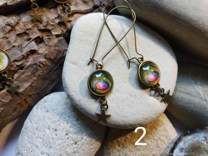 colorful peacock feathers,55 mm maxi,cabochon 12mm glass,earring,pearls,French touch,woman,bronze star long earrings