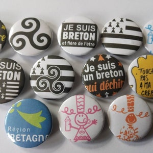 set of 3 Brittany badges proud to be Breton, triskel, cetele symbol, Breton flag, gwenn ha du, bigoudène, don't touch my pancake, Brittany