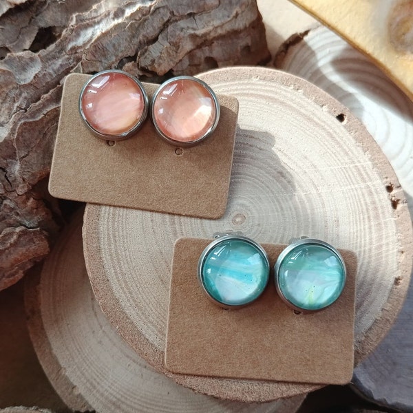 Boucles d'oreilles clips,acier inoxydable,corail ou vert,peinture sur verre,cabochon verre 12mm,french touch,enfant,adulte,hypoallergénique